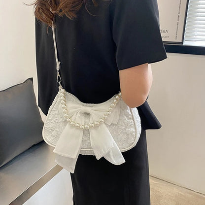 White Folds Pearl Female Bag Retro Luxury Designer Handbag Bow Crossbody Bags Fashion Y2K Vintage Women's Shoulder Bag Purses