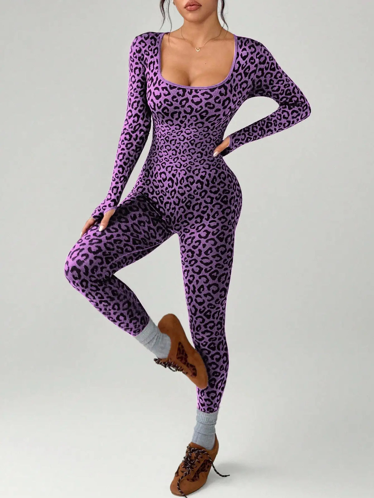 Women Leopard Print Tight Jumpsuit Slimming Hip Hugging Long Sleeve U Collar Stretchy