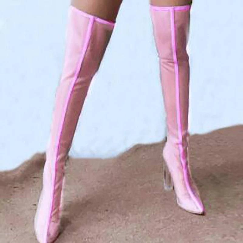 New Mesh Neon Green Sandal Boots Women Sexy Over The Knee Boots Pointed Toe High Heels Party Shoes Woman Thigh High Boots