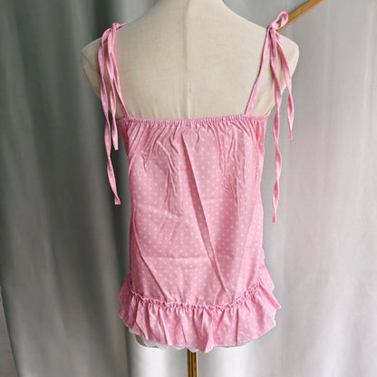 Kimotimo Cute Cat Print Polka Dot Camisole Vest Women Japanese Y2k Bow Ruffle Sleeveless Tank Top Summer Kawaii Ropa De Mujer