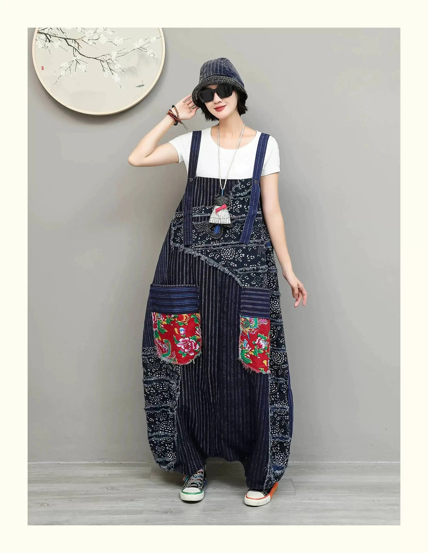 Unique Niche Women Cotton-linen Patchwork High-waist Overalls Large Pockets Sleeveless Jumpsuit LX6266