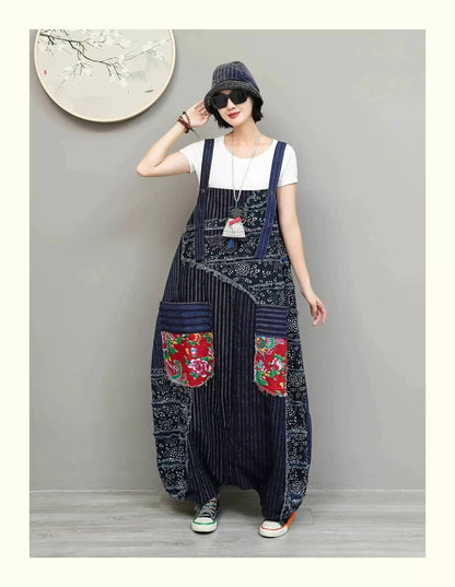 Unique Niche Women Cotton-linen Patchwork High-waist Overalls Large Pockets Sleeveless Jumpsuit LX6266