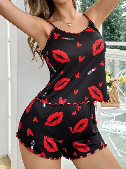 Women's Lip Print Camiso Shorts Pajama Set Summer Sexy Tank Top 2 Piece Set Lounge Wear Female Soft Breathe Sleepwear