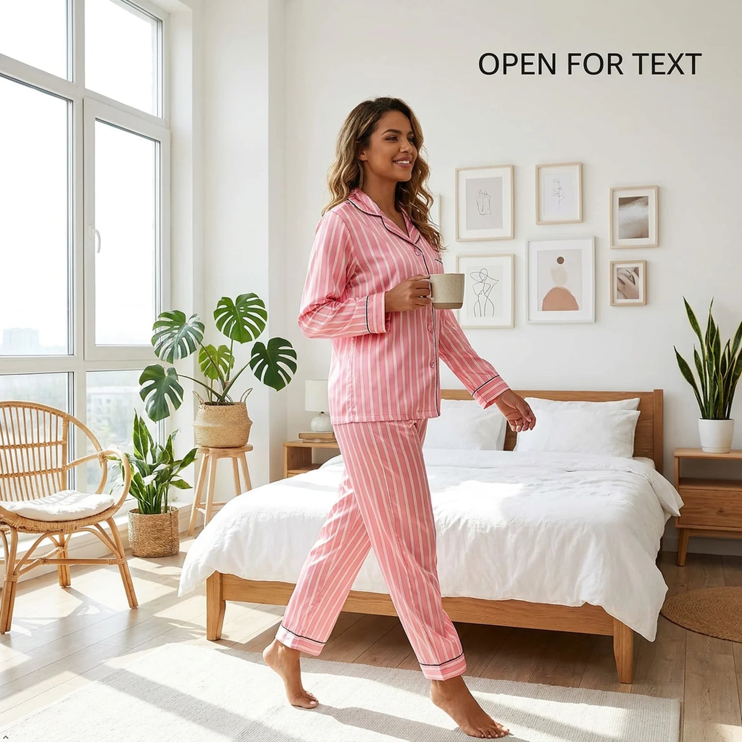 Women's Plus Size 7 Piece Soft Smooth Rayon Pajama Set, V-Neck Loungewear, Pink Striped Sleepwear