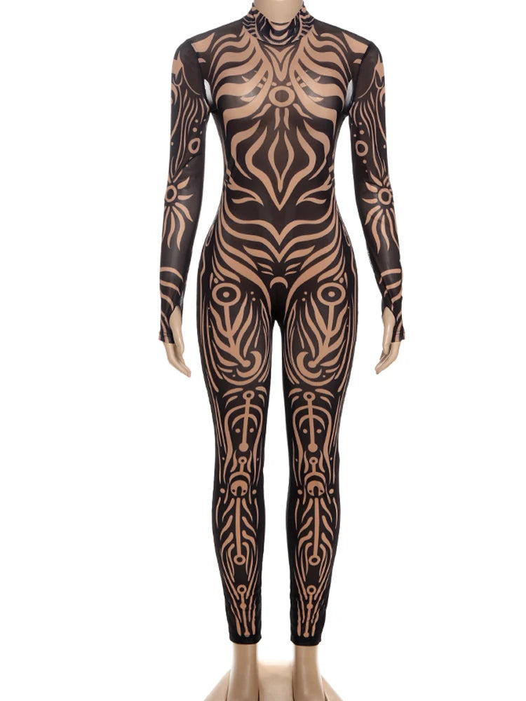 Weird Puss Sexy Striped Print Jumpsuits Women Wild Style Turtleneck Full Sleeve Midnight Party Club Stretch Streetwear Overalls