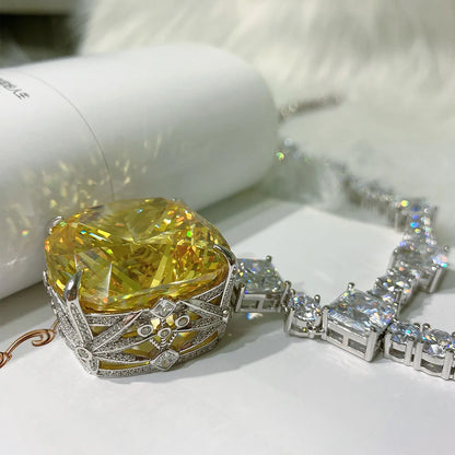 Wong Rain 100% 925 Sterling Silver 30*30 MM Created Moissanite Citrine Gemstone Wedding Cocktail Pendent Necklace Fine Jewelry