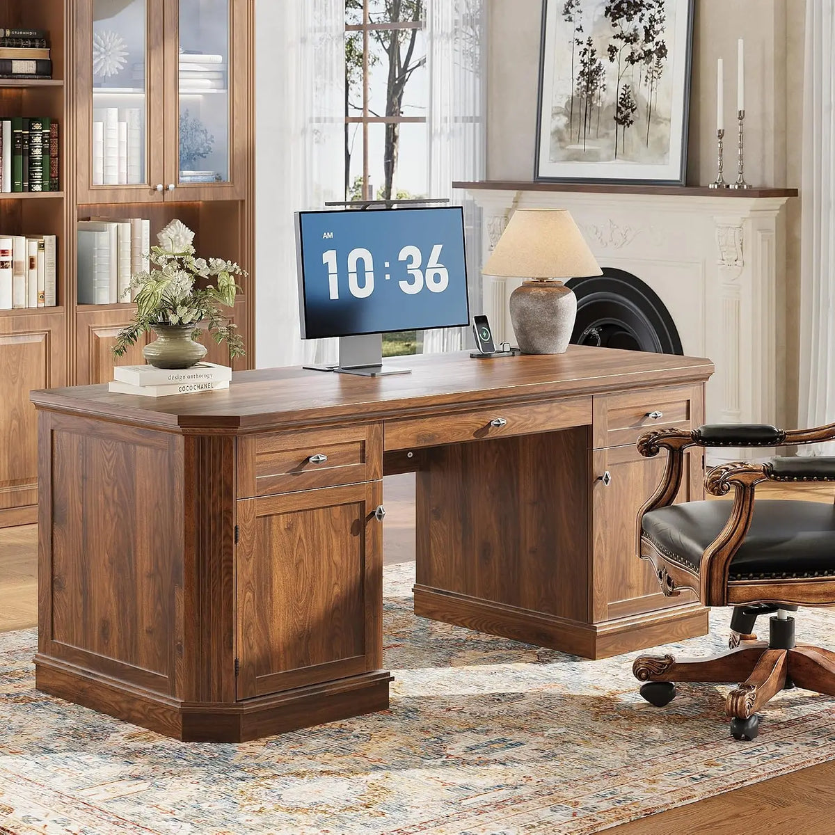 59" Classic Executive Desk with Storage, Victorian Executive Desk with Charging Station, Keyboard Tray, 3 Drawers & 2 Cabinet Storage & 2 Pedestals, Easy Assembly, Dark Walnut
