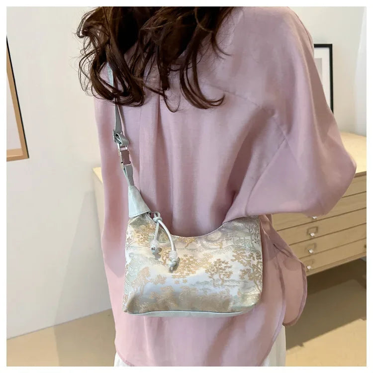 Fashion Luxury Women Embroidery Shoulder Bag Nylon Pearl Pendant Bucket Bag Versatile Handbag Retro Women Crossbody Bags сумка