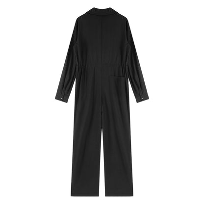 Womens Fashion Work Coverall Rompers Casual Solid Color Turn-Down Collar Long Sleeve Button Jumpsuit Travel Holiday Cargo Pants
