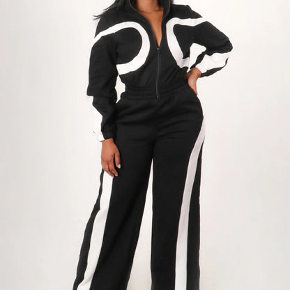 FAGADOER Autumn New Fashion Sports Bodycon Jumpsuits for Women Color Block Zipper Patchwork Rompers Female Streetwear Overalls
