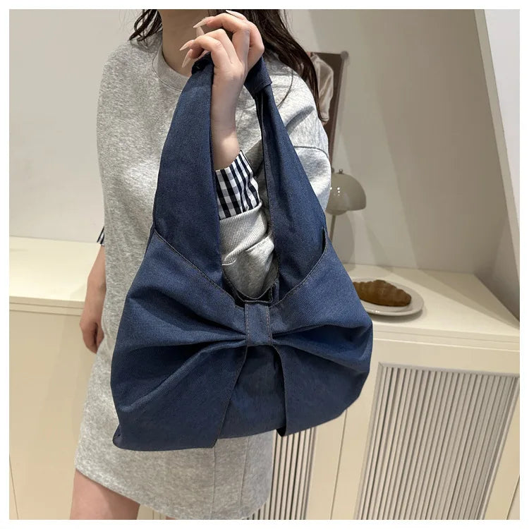 Sweet Bowknot Design Women's Denim Shoulder Bags Commuter Thread Ladies Handbags Casual Lightweight Female Underarm Tote Bag