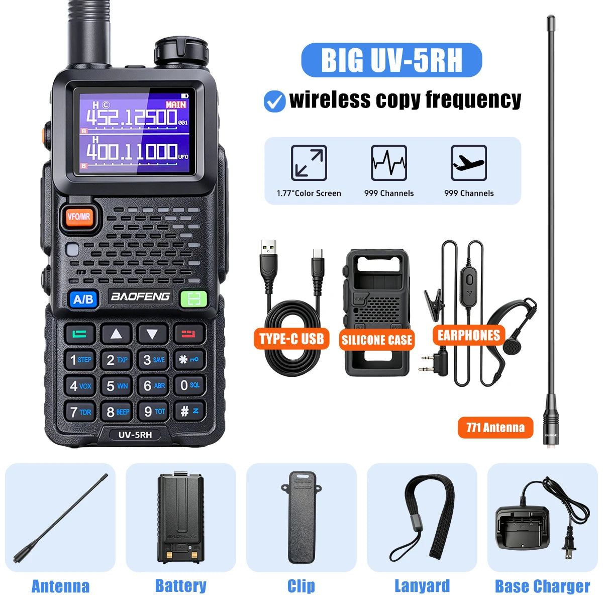 Baofeng UV5RH Walkie-Talkie, NewWireless Copy Model, Type-C NOAA Long Range 999CH, Car-Mounted Handheld Transceiver, Fleet