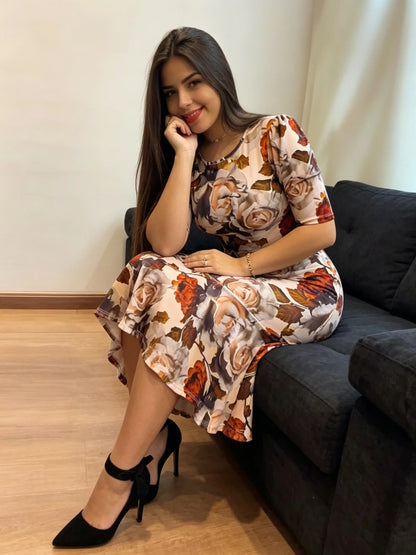 Women's Slim Fit round Neck Print Dress Hip Hugging Commuter Dress Slimming Temperament Fashion for Ladies