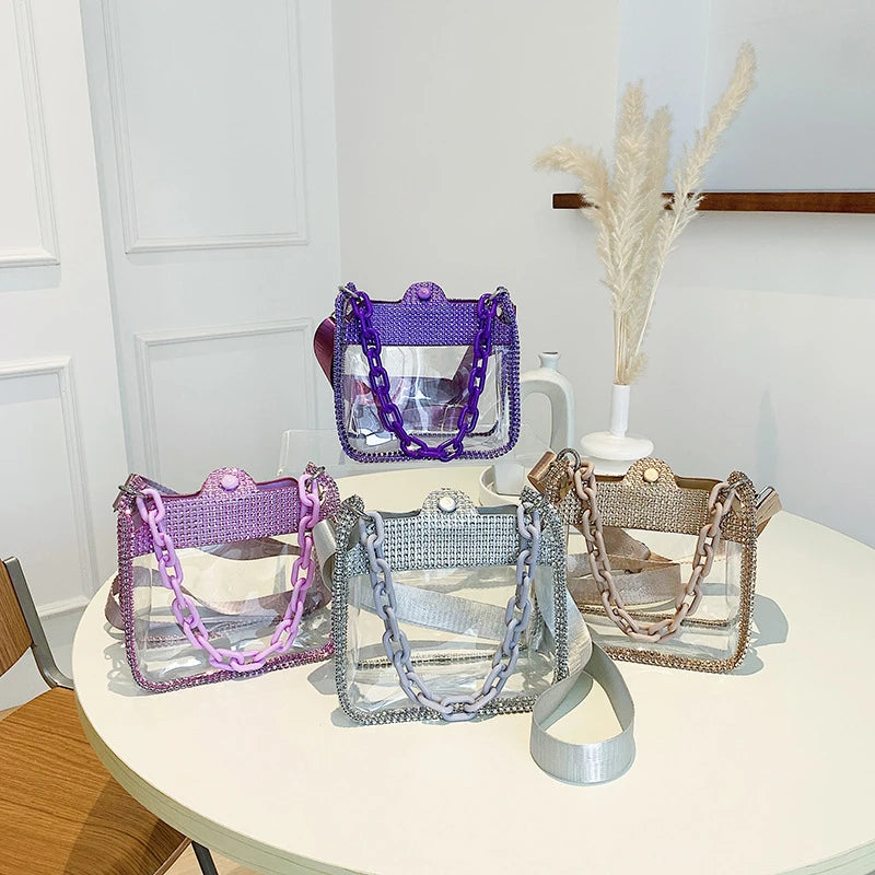 2026 NEW Transparent Shoulder Bag New Chain Handbag Fashionable Diamond Inlaid Jelly Bag PVC Women Crossbody Bag
