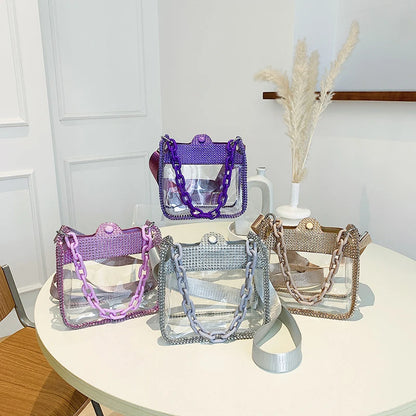 2026 NEW Transparent Shoulder Bag New Chain Handbag Fashionable Diamond Inlaid Jelly Bag PVC Women Crossbody Bag
