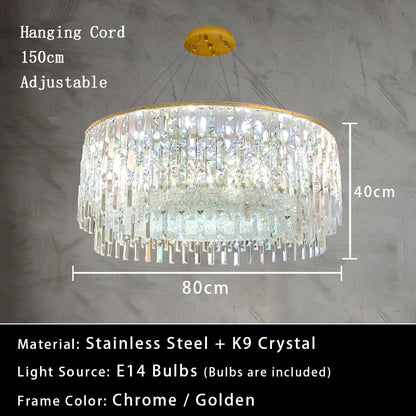 Luxury Crystal Long Pendant Lights Modern Lustres LED Chrome Hanging Lamps for Ceiling Silver Home Decor for Dining Room Remote