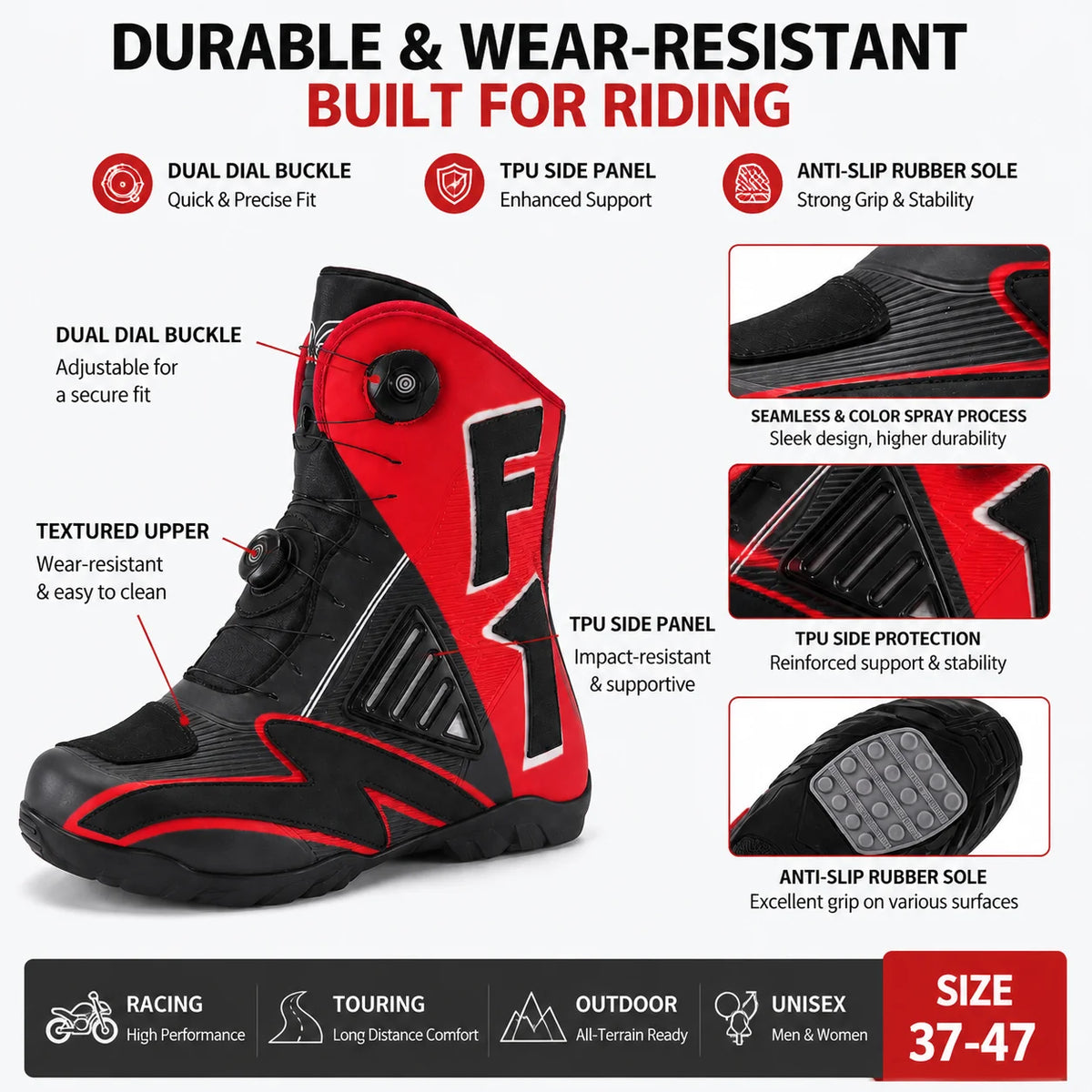 Motorcycle Riding Shoes Moto Boots Men Women High Top Dual Dial Buckle TPU Side Panel Anti Slip Rubber Sole Racing Touring 37-47
