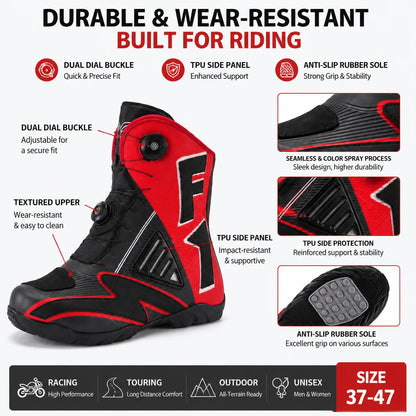 Motorcycle Riding Shoes Moto Boots Men Women High Top Dual Dial Buckle TPU Side Panel Anti Slip Rubber Sole Racing Touring 37-47