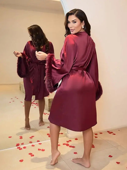 Vestidos De Novia Satin Kimono Women Short Robe Feather Sleeve Bride Wedding Dress Sexy Lingerie Pijama Mujer Bridesmids Gown