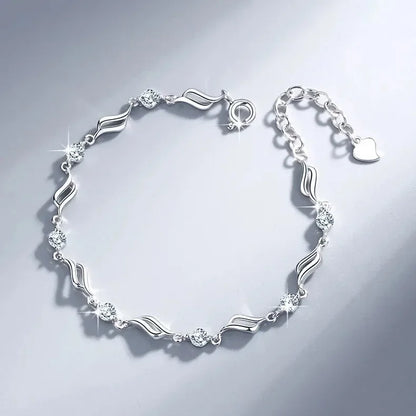 925 Sterling Silver Heart Shaped Necklace Bracelet Set for Women Vintage Korean Crystal Bracelets High Quality Set Party Jewelry