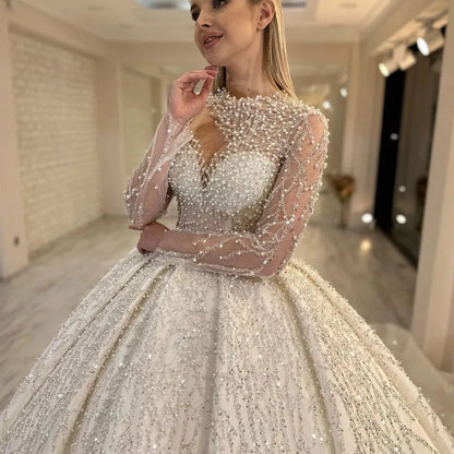 Gwn&Gce 2026 Long Sleeves Luxury Elegant Wedding Dress Pearls Wedding Gown A-Line Chapel Princess Bridal Gown Vestido Blanco