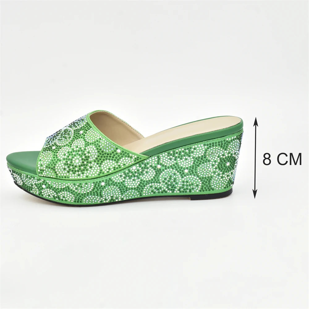 Classics Design Nigerian Women Shoes Matching Bag Set with Shinning Crystal Wedges Shoes for Women Italian Women Party Pumps