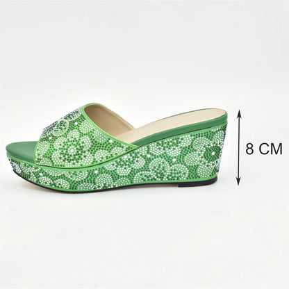 Classics Design Nigerian Women Shoes Matching Bag Set with Shinning Crystal Wedges Shoes for Women Italian Women Party Pumps