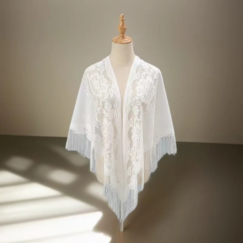 Floral Lace Tassel Triangle Shawl Wrap Sheer Hollow Fringe Poncho Cover Up Women Elegant Cape Stole Wedding Party Evening Dress