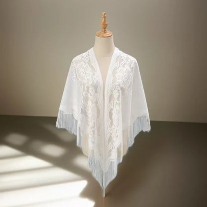 Floral Lace Tassel Triangle Shawl Wrap Sheer Hollow Fringe Poncho Cover Up Women Elegant Cape Stole Wedding Party Evening Dress