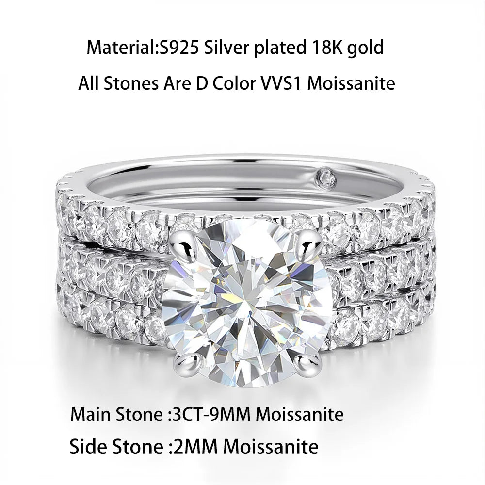 OEVAS 3ct (Total 3.63ct) Round Cut D Color Moissanite Bridal Ring Set Wedding Band 18K Gold Plated 925 Silver Rings Fine Jewelry