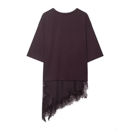 Women's Spring Summer Asymmetric Lace Trim Half Sleeve T-Shirt Back to School Casual Daily Wear Fashion Versatile Top 4 Colors