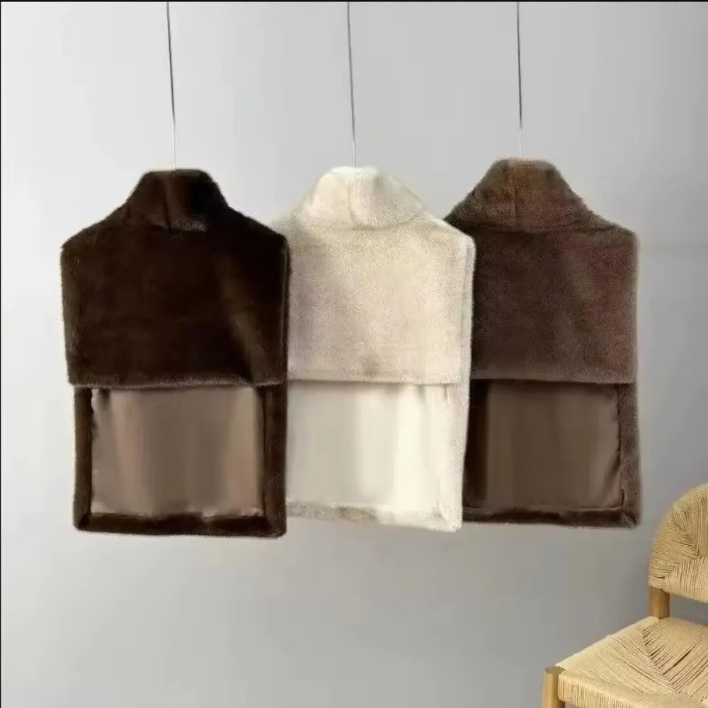 Trendy Outerwear Eco Mink Fur Turtleneck Tank Tops Fluffy Layering Piece Fashion Top Thicken High Collar Waistcoat Autumn Winter