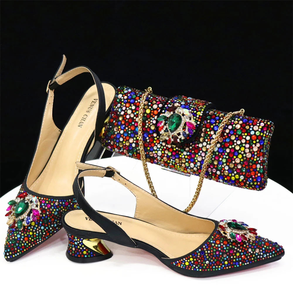 Venus Chan Royal Blue Sandals for Women 2024 Luxury Wedding Pumps Med Heels Rhinestone Design Party Shoes and Bags Set