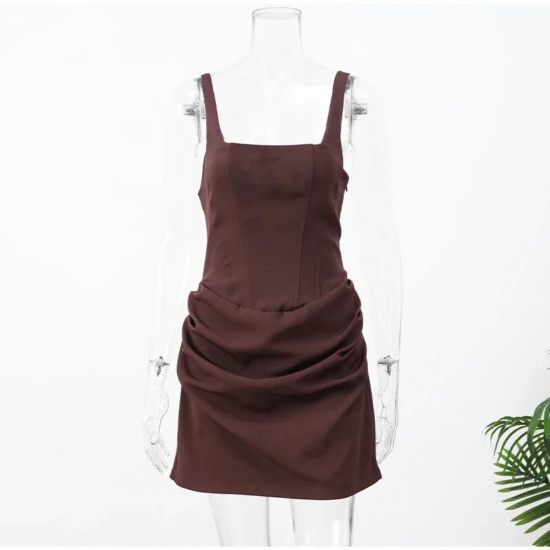 Women Sexy Square-neck Halter Mini Dress 2025 Pleated Sleeveless Backless High Waist Bodycon Dresses New Summer Lady Party Robes
