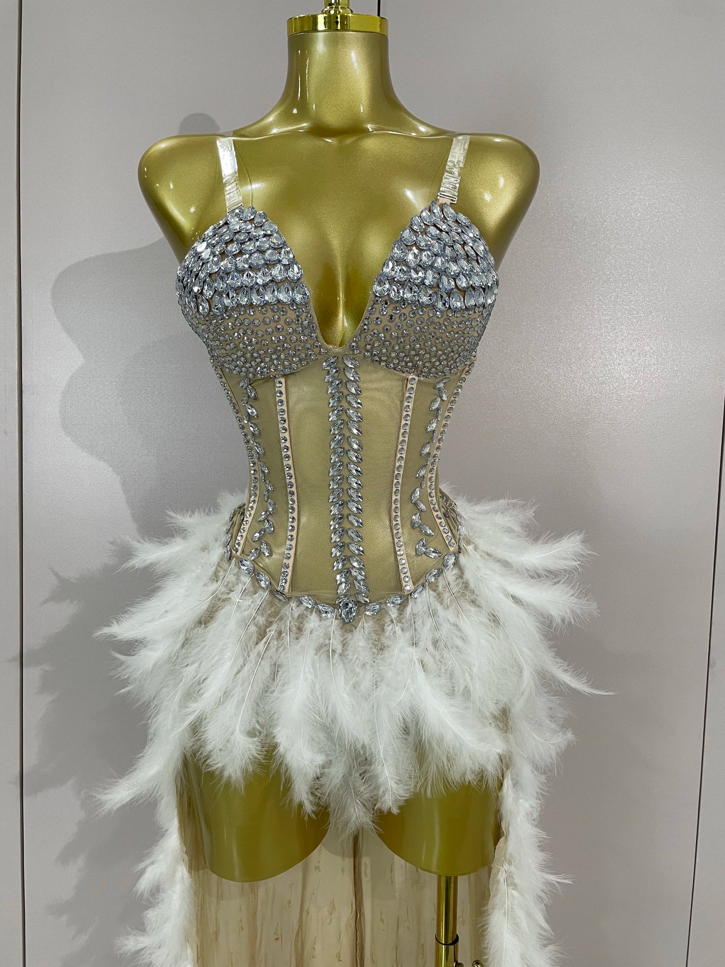 Luxury Sparkly Rhinestones Feathers Long Tail Dress Sexy Mesh Transparent Stage Bodysuit Evening Party Celebrate Birthday Dress