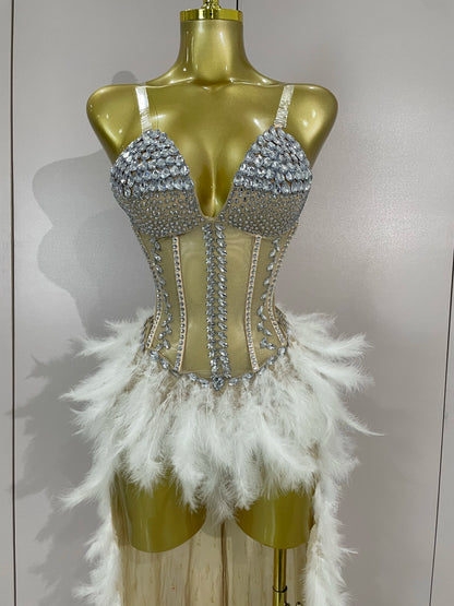 Luxury Sparkly Rhinestones Feathers Long Tail Dress Sexy Mesh Transparent Stage Bodysuit Evening Party Celebrate Birthday Dress