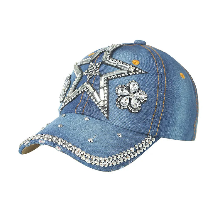 Denim Fashion Cap, Point Diamond Star Baseball Cap, Outdoor Sun Protection Visor, Trendy Cap