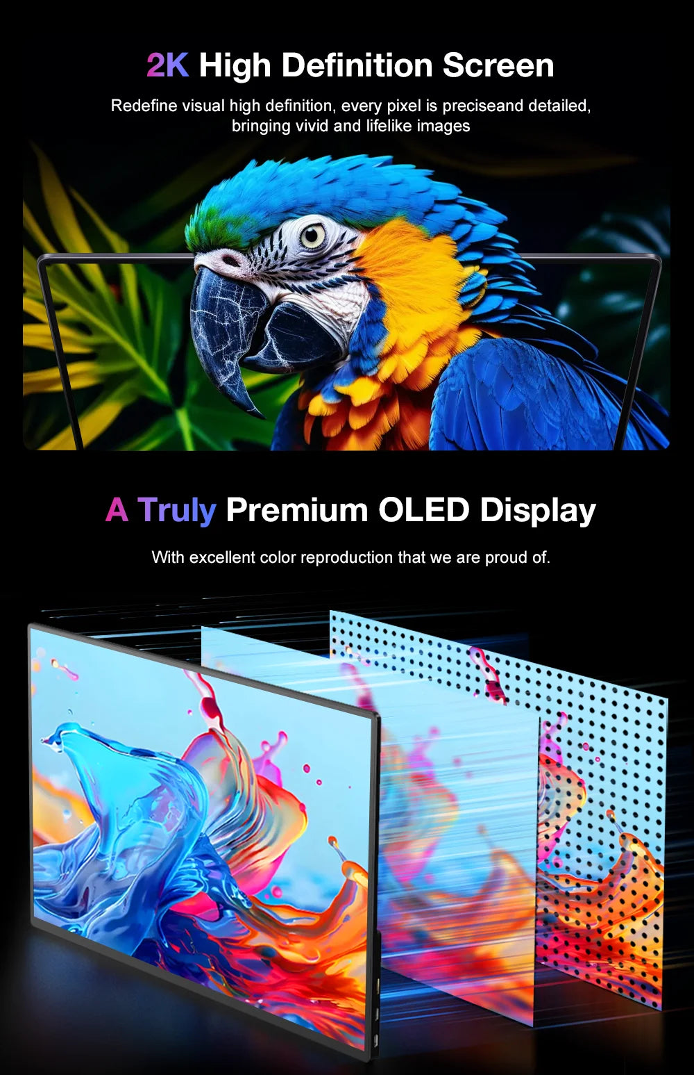 16 Inch 2K 120Hz OLED Monitor 2048×1280 100% Color Gamut VESA Mount External Screen for Laptop PS5 Switch Game Design Office