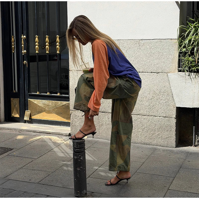 Women Camouflage Cargo Long Pants High Waist Wide Leg Drawstring Hem Baggy Trousers 2026 Autumn Casual Chic Vintage Streetwear