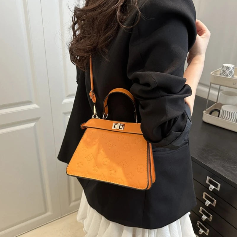Fashion Embossed Top Handle Bags for Women,Metal Turn Lock Handbag, Adjustable Crossbody Strap,versatile Purse for Daily Outings