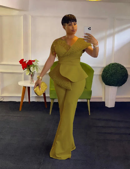 Women Jumpsuit One Shoulder Feather Diamond Peplum Party Fashion Female One Piece African Event Occasion Rompers New Summer 2024
