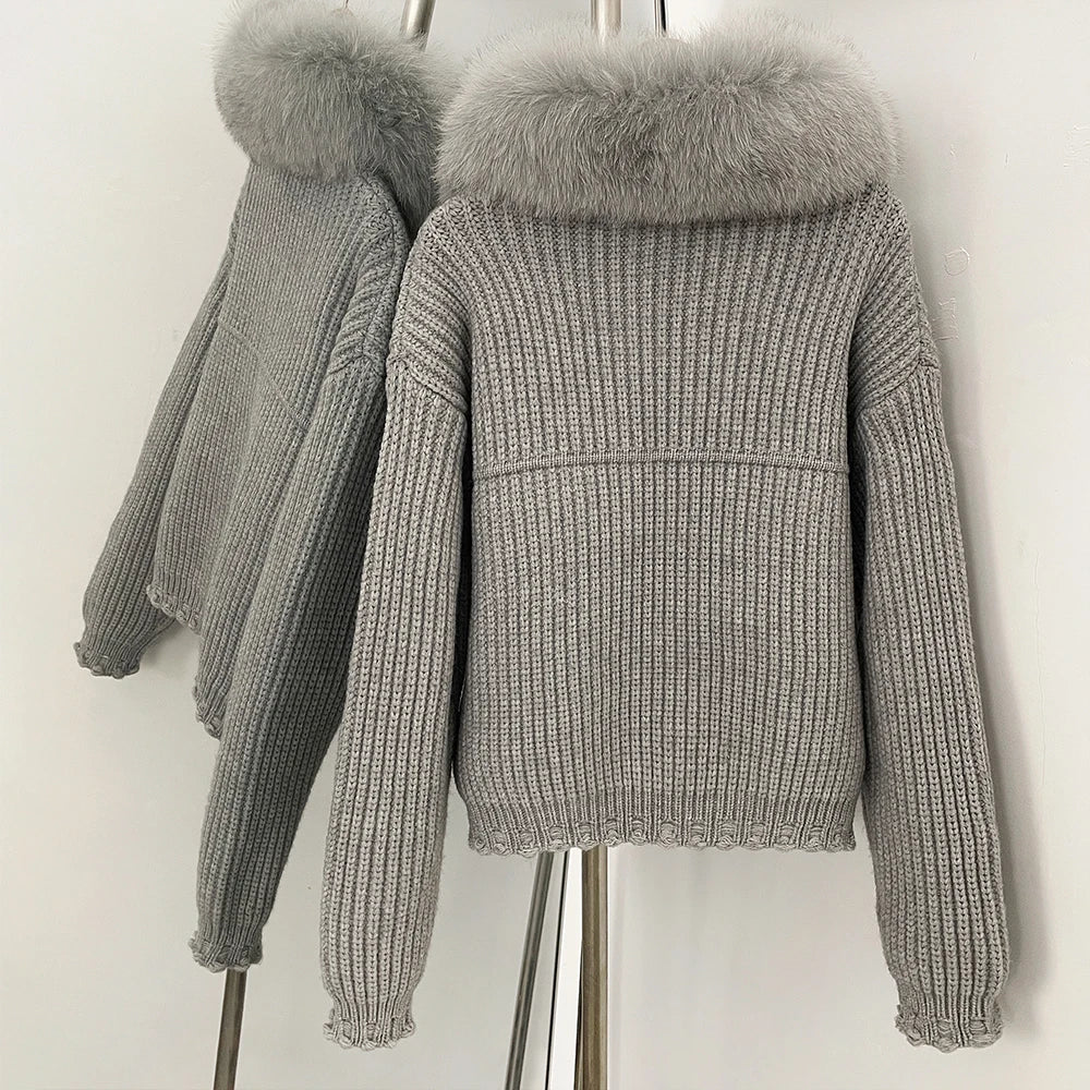 OFTBUY 2025 New Autumn Winter Women Real Fox Fur Caedigan Natural Fox Fur Hooded Jacket Decoration Lady's Sweater Coat