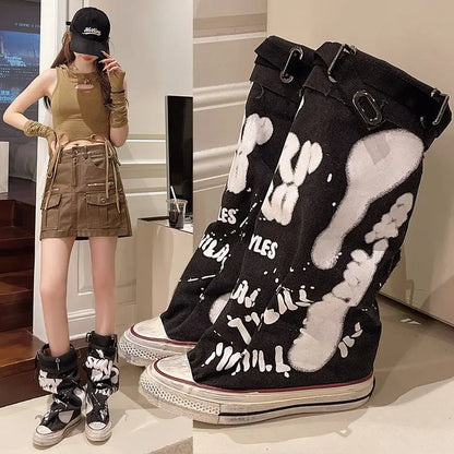 Women Canvas Sneakers Flats Designer Mid Calf Snow Boots Fashion Shoes Woman 2025 Trend New Winter Punk Chelsea Boots Lady Shoes
