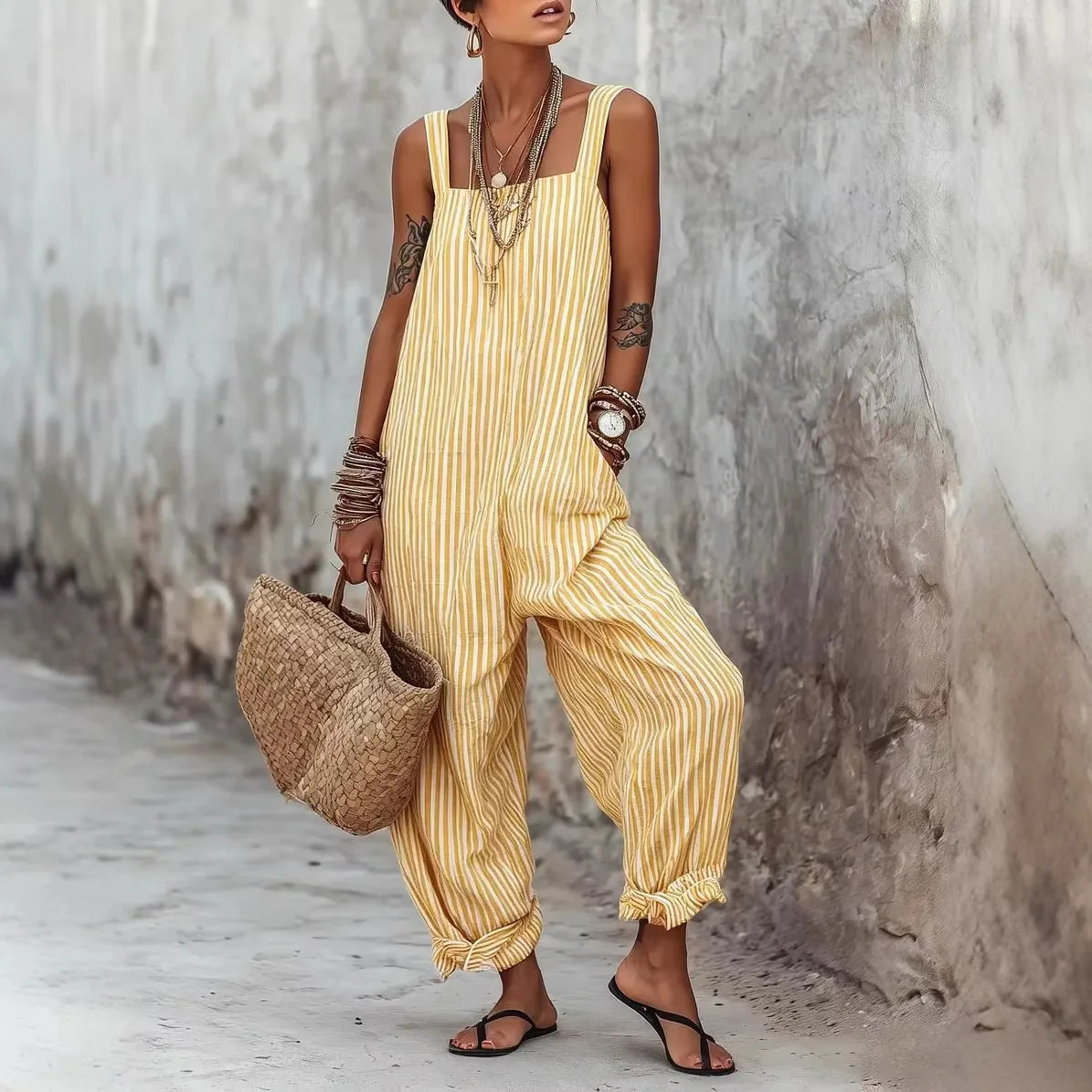 Women Print Striped Jumpsuits Sleeveless Square Neck Spliced Pocket Wide Leg Pants Casual One Piece Rompers Tank Summer 2026