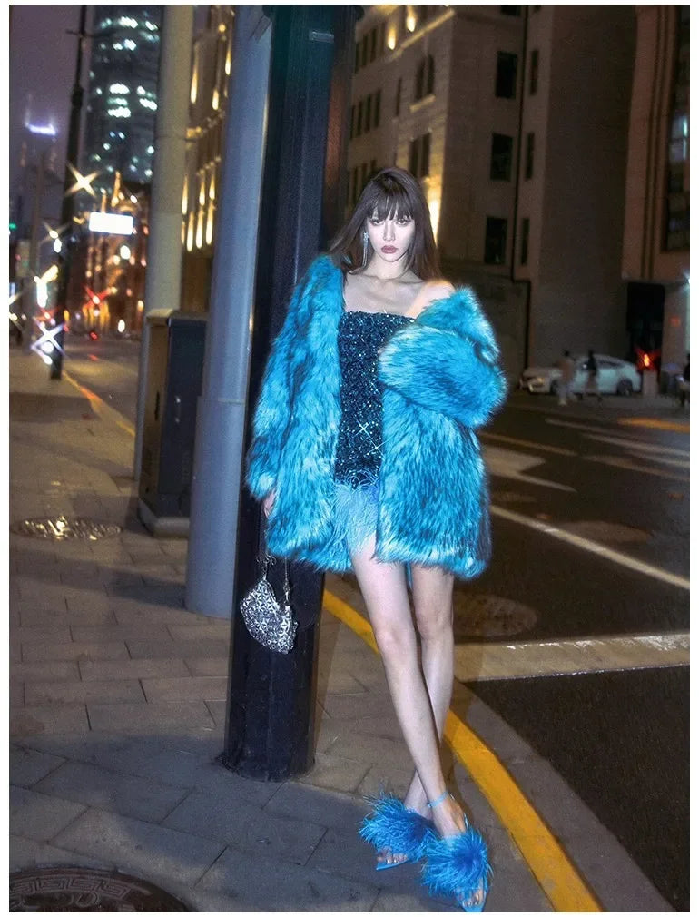 Spring Summer New Star Same Style Women's Blue Feather High Heels Versatile Strap Pointed Thin Heel Sandals