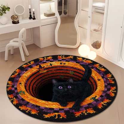 Visual Hole Black Cat Round Halloween Rug Optical Illusion Circular Floor Mat Non Slip Soft Carpet for Bedroom Dorm Home Decor