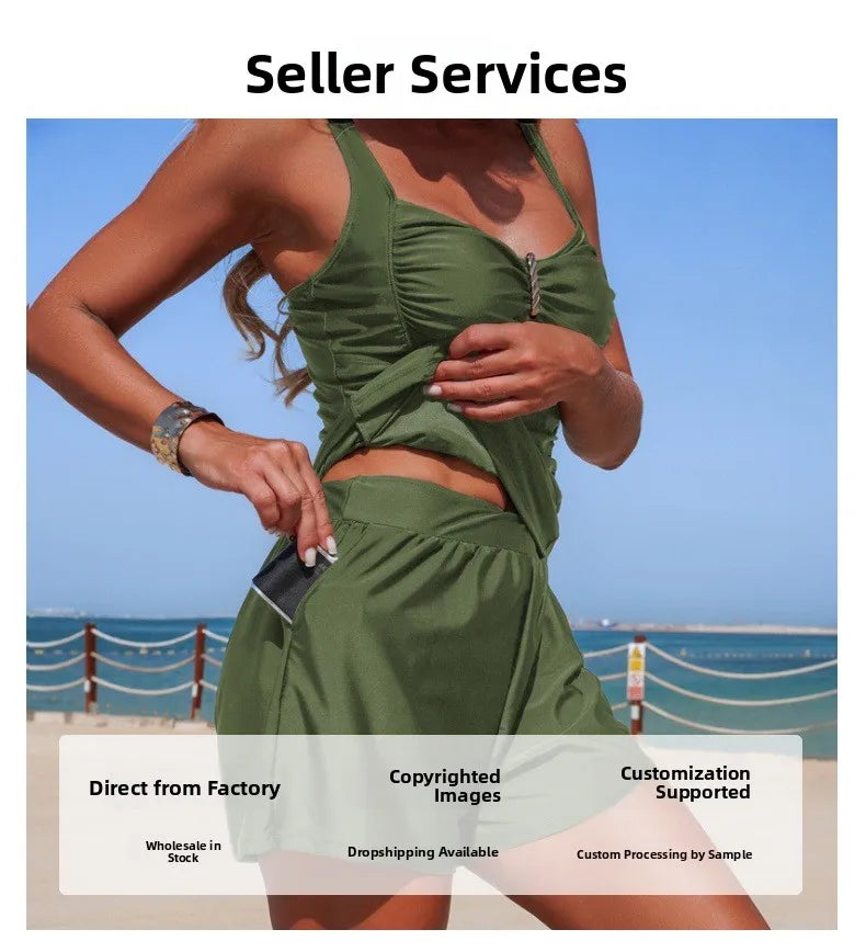 Nylon Tankini Swimsuit Two-Piece Swimwear High Elasticity Quick Dry Female Adult Pure Color European Style Swimming Water Sport