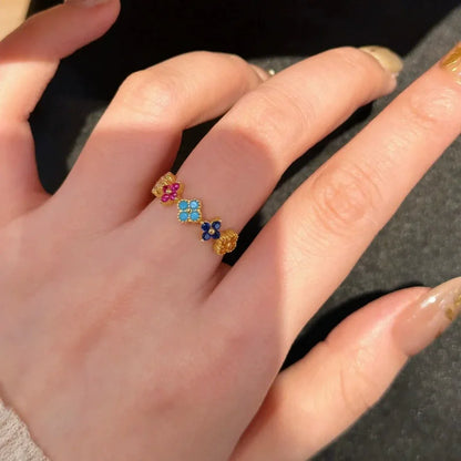 925 Sterling Silver Colorful Four-Leaf Petal Ring for Women Light Luxury, High-End, Trendy Fashion Fine Jewelry Gifts