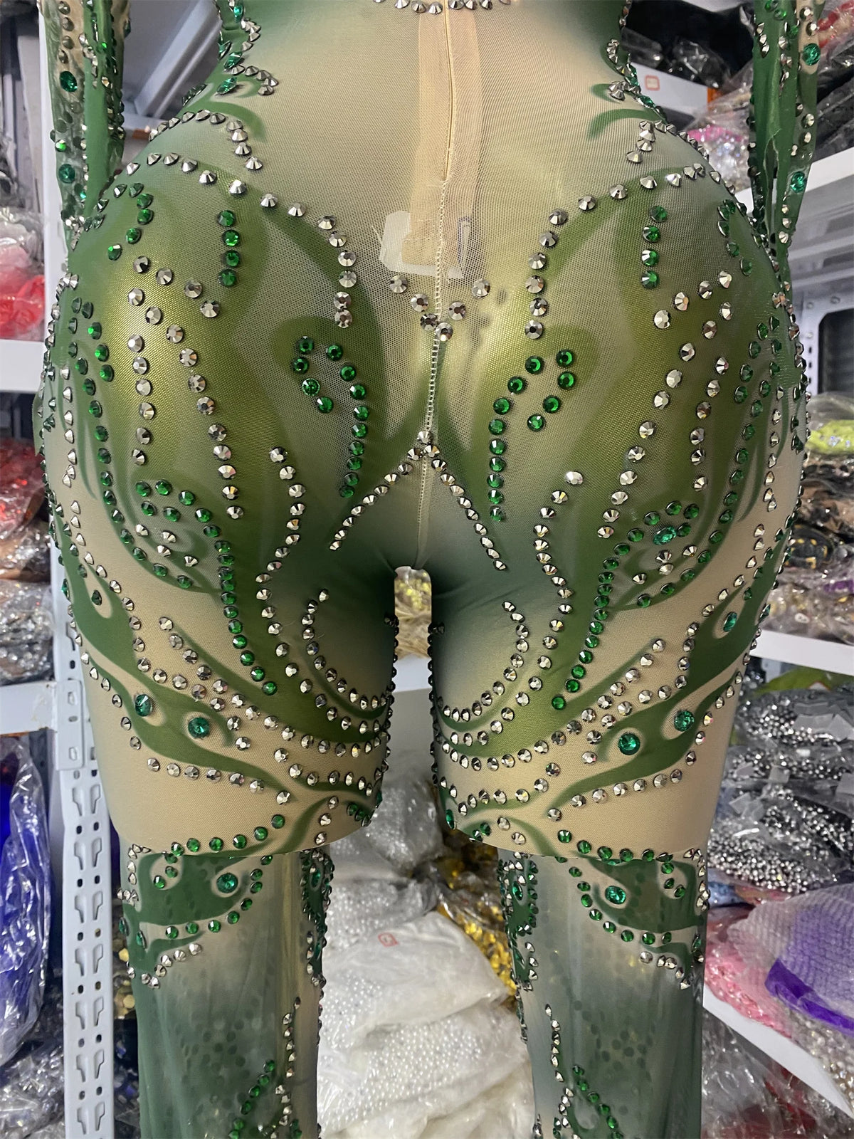 Sparkly Rhinestones Printed Mesh Bodycon Green Jumpsuits With Sleeves See Through Masquerade Costume Dress Night Club DJ Gogo