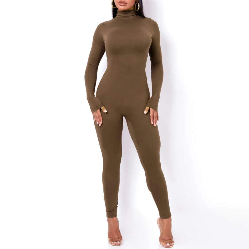 Hugcitar Fall Long Sleeve Solid Turtleneck Sexy Skinny Bodycon Jumpsuit Women Fashion Streetwear Sport Casual Romper Overalls